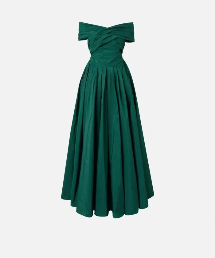 Women Dresses Pinko Elegant Long Taffeta Dress With Open Shoulders Dark Bottle Green Women Dresses Pinko Elegant Long Taffeta Dress With Open Shoulders Dark Bottle Green