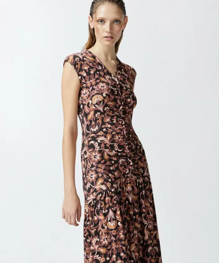 Women Dresses Pinko Long Floral Dress With Flounce At The Bottom Multi Brownbeige Women Dresses Pinko Long Floral Dress With Flounce At The Bottom Multi Brownbeige