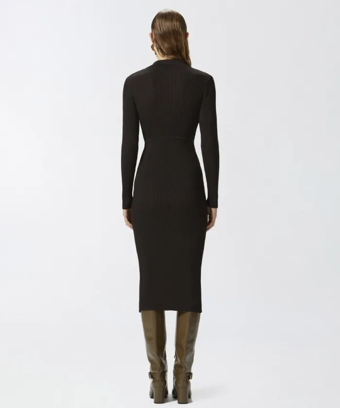 Women Dresses Pinko Long Ribbed Knit Dress With Golden Buttons Very Dark Brown Women Dresses Pinko Long Ribbed Knit Dress With Golden Buttons Very Dark Brown