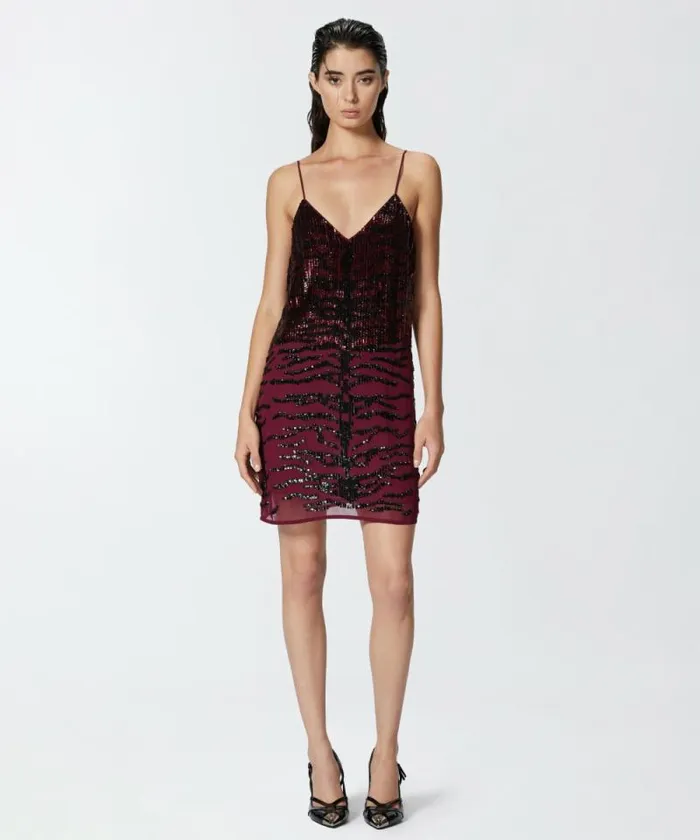 Women Dresses Pinko Mini Dress With Zebra Sequin Embroidery Burgundyblack Women Dresses Pinko Mini Dress With Zebra Sequin Embroidery Burgundyblack