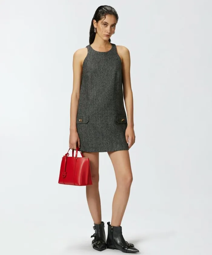 Women Dresses Pinko Short Pinafore Dress With Mirrorfinish Buttons Blackwhite Women Dresses Pinko Short Pinafore Dress With Mirrorfinish Buttons Blackwhite