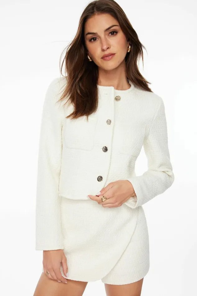 Women Dynamite Blazers and Vests Cropped Tweed Blazer White