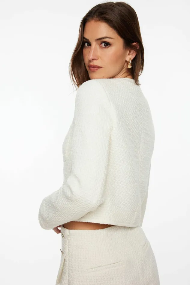 Women Dynamite Blazers and Vests Cropped Tweed Blazer White