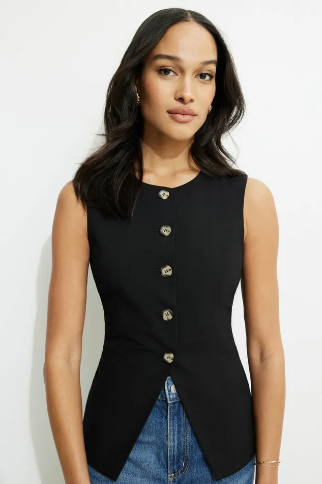 Women Dynamite Blazers and Vests Emery Round Neck Flyaway Vest BLACK