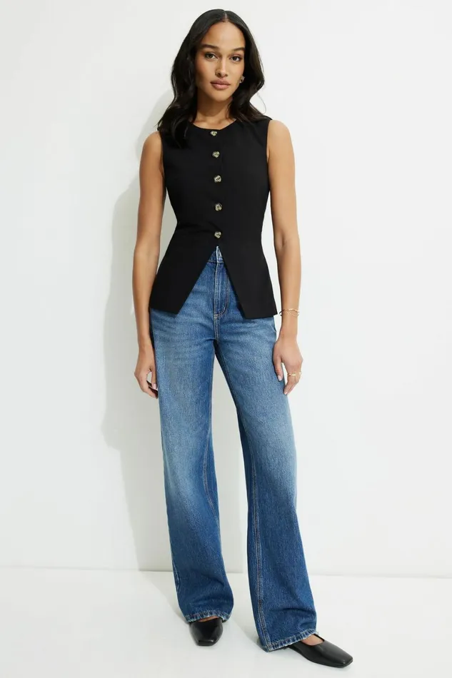 Women Dynamite Blazers and Vests Emery Round Neck Flyaway Vest BLACK