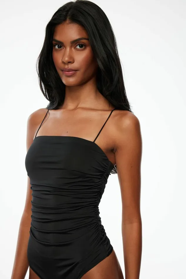 Women Dynamite Bodysuits Ruched Tube Bodysuit Black
