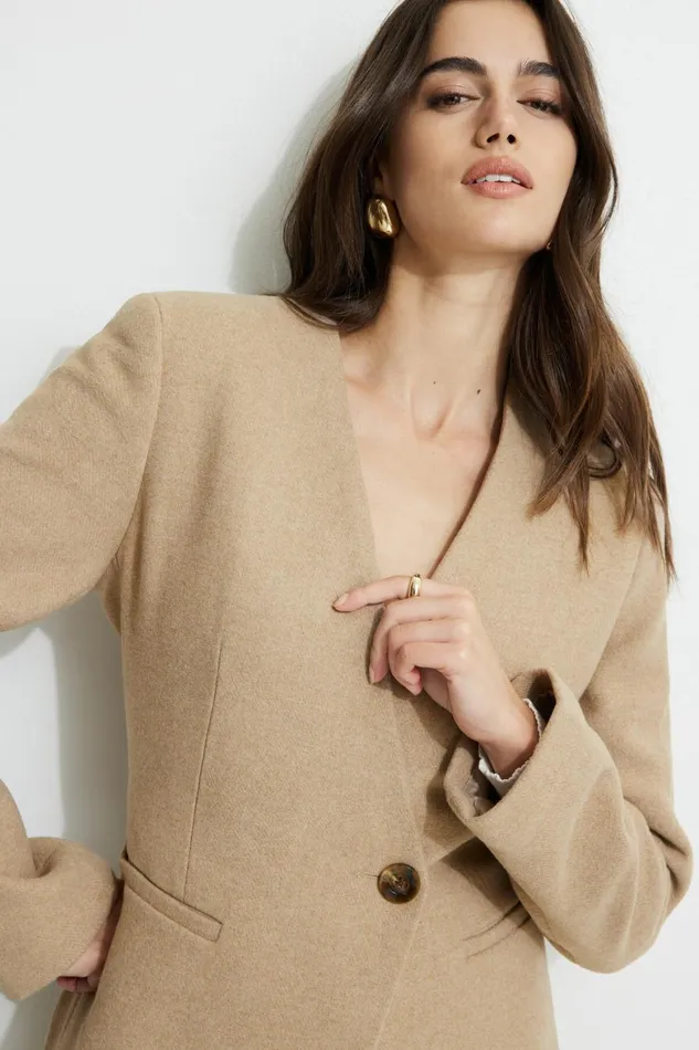 Women Dynamite Coats and Jackets Collarless Single Button Coat Brown