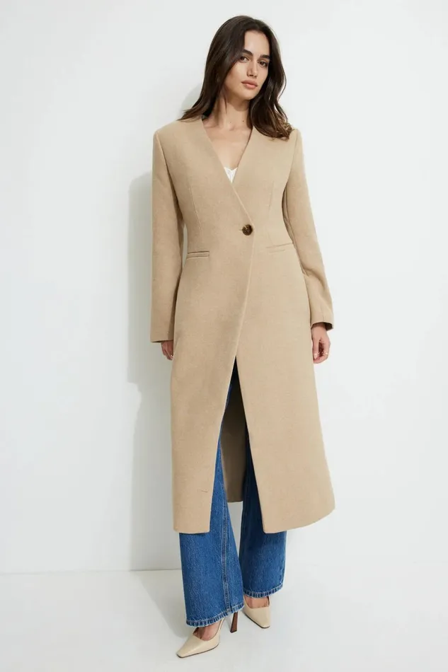 Women Dynamite Coats and Jackets Collarless Single Button Coat Brown