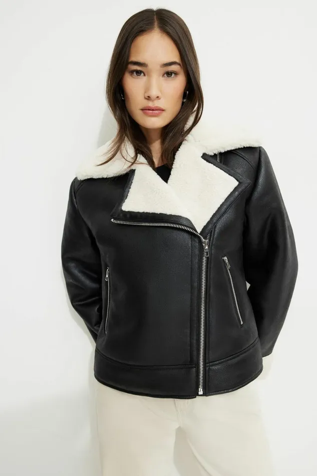 Women Dynamite Coats and Jackets Sherpa Faux Leather Aviator Jacket BLACK