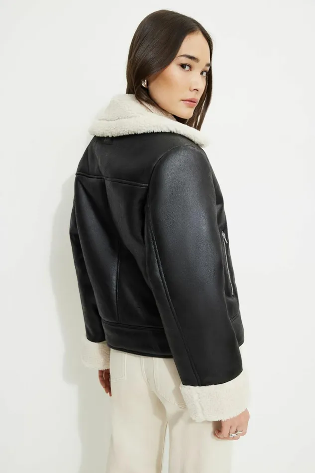Women Dynamite Coats and Jackets Sherpa Faux Leather Aviator Jacket BLACK