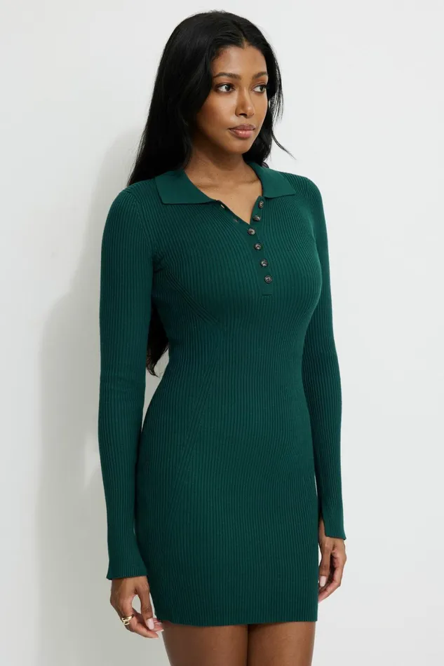 Women Dynamite Dresses and Jumpsuits Ribbed Polo Mini Dress Green
