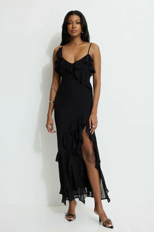 Women Dynamite Dresses and Jumpsuits Ruffled Chiffon Maxi Dress Black
