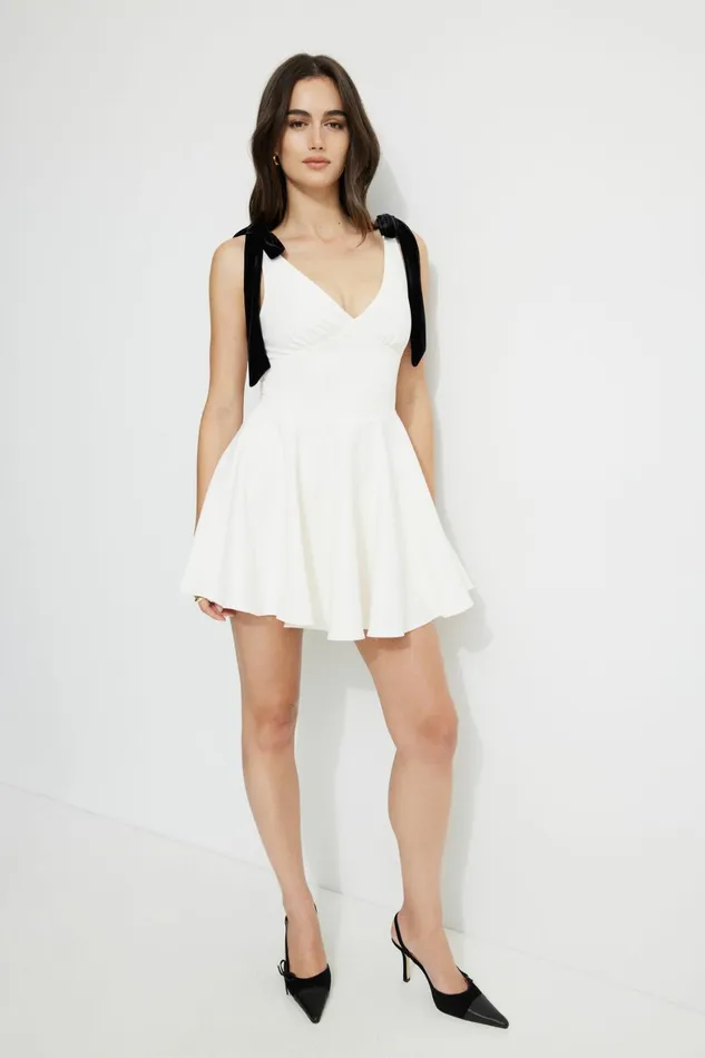 Women Dynamite Dresses and Jumpsuits Velvet Bow Ties Mini Dress Beige