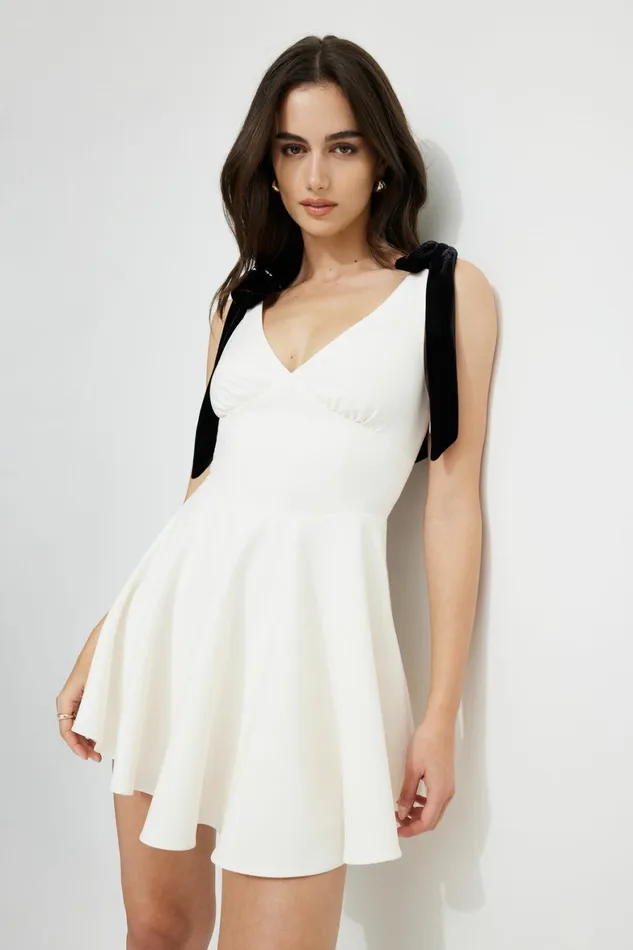 Women Dynamite Dresses and Jumpsuits Velvet Bow Ties Mini Dress Beige