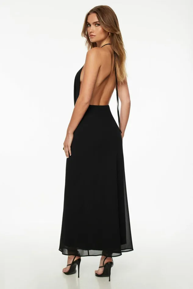 Women Dynamite Midi and Maxi Dresses Deep Cowl Neck Maxi Dress Black