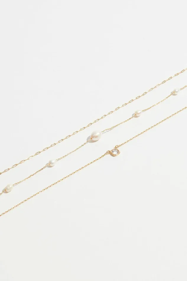 Women Dynamite Necklaces 3Pack Pearl and Cushion Gem Necklace White