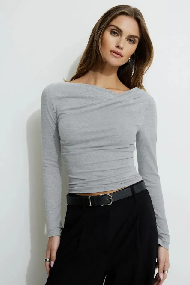 Women Dynamite Tops Draped Long Sleeve TShirt Gray