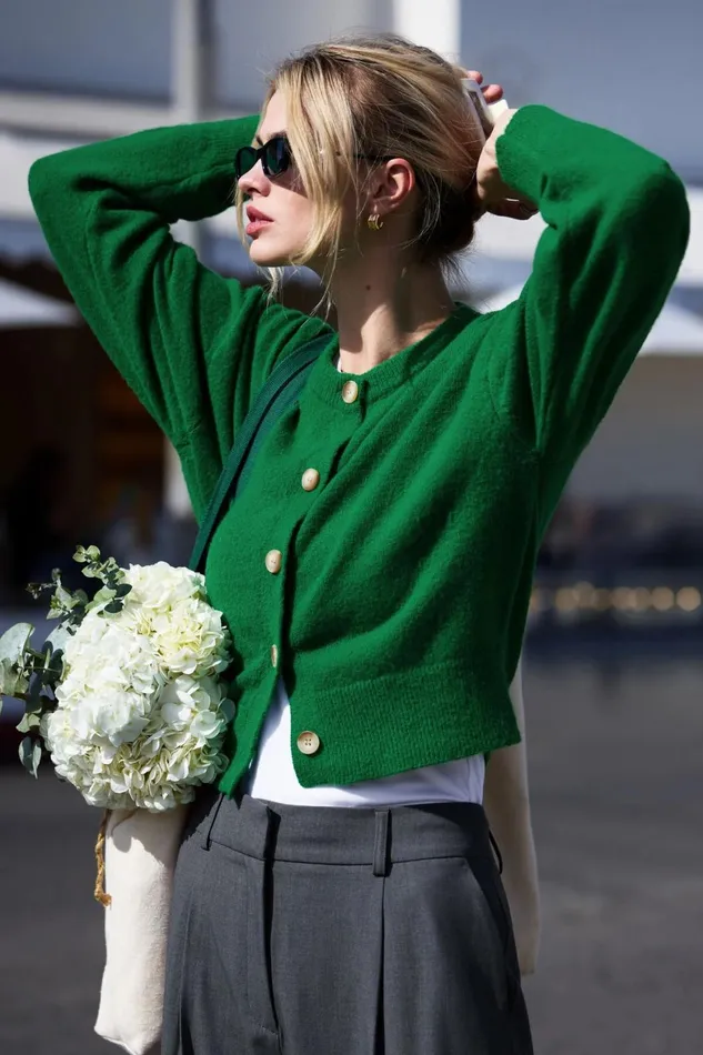 Women Dynamite Tops Heavenlyarn Catherine Crewneck Cardigan Green