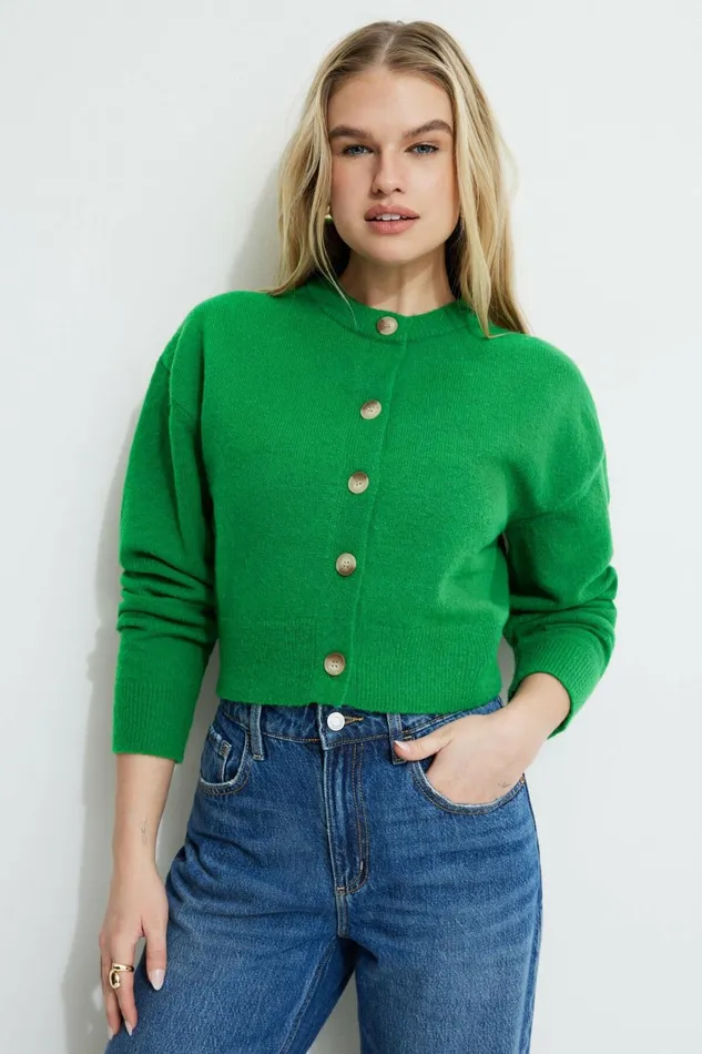 Women Dynamite Tops Heavenlyarn Catherine Crewneck Cardigan Green
