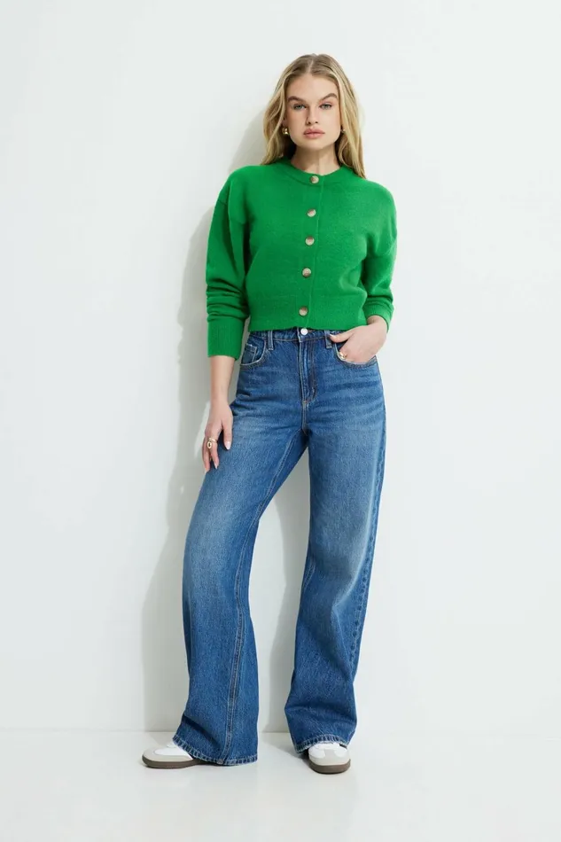 Women Dynamite Tops Heavenlyarn Catherine Crewneck Cardigan Green