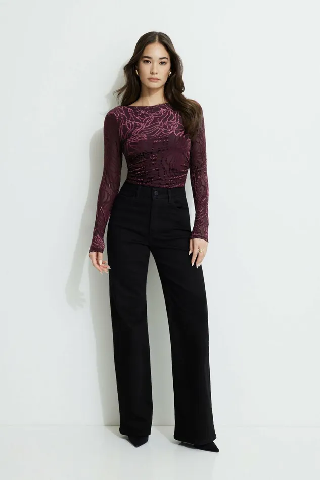 Women Dynamite Tops Stella Burnout Long Sleeve TShirt Burgundy