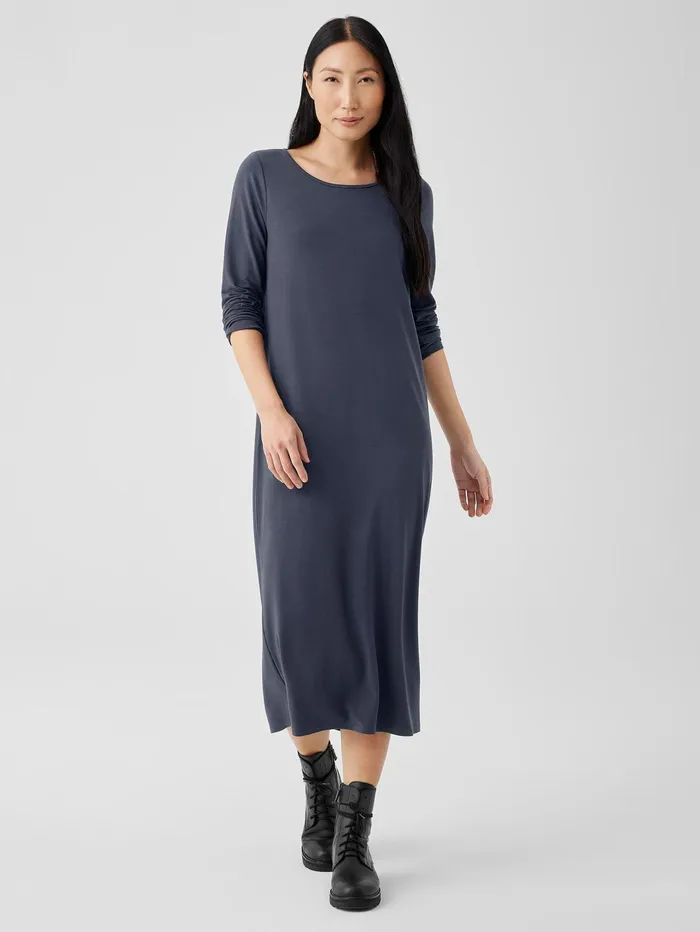 Women Eileen Fisher Dresses and Skirts Stretch Jersey Knit Jewel Neck Dress Ocean
