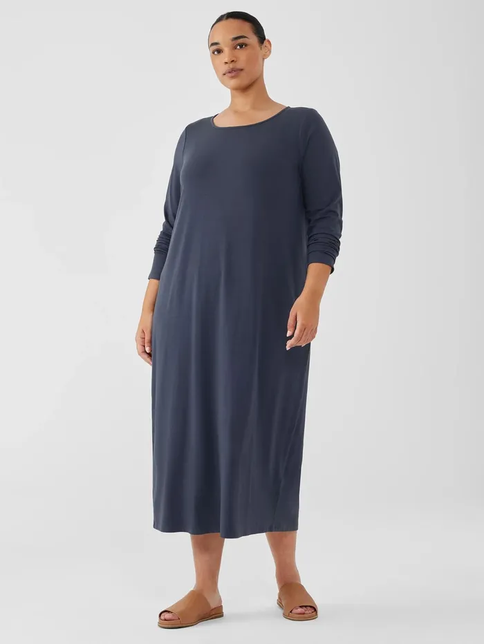 Women Eileen Fisher Dresses and Skirts Stretch Jersey Knit Jewel Neck Dress Ocean