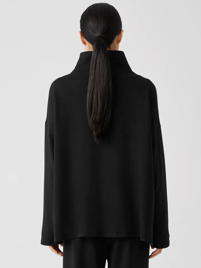 Women Eileen Fisher Tops and Tees Cozy Brushed Terry Funnel Hug Neck BoxTop Black
