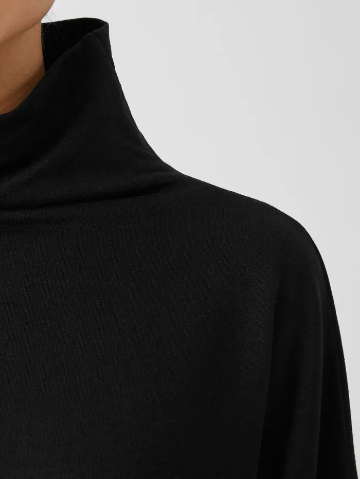 Women Eileen Fisher Tops and Tees Cozy Brushed Terry Funnel Hug Neck BoxTop Black