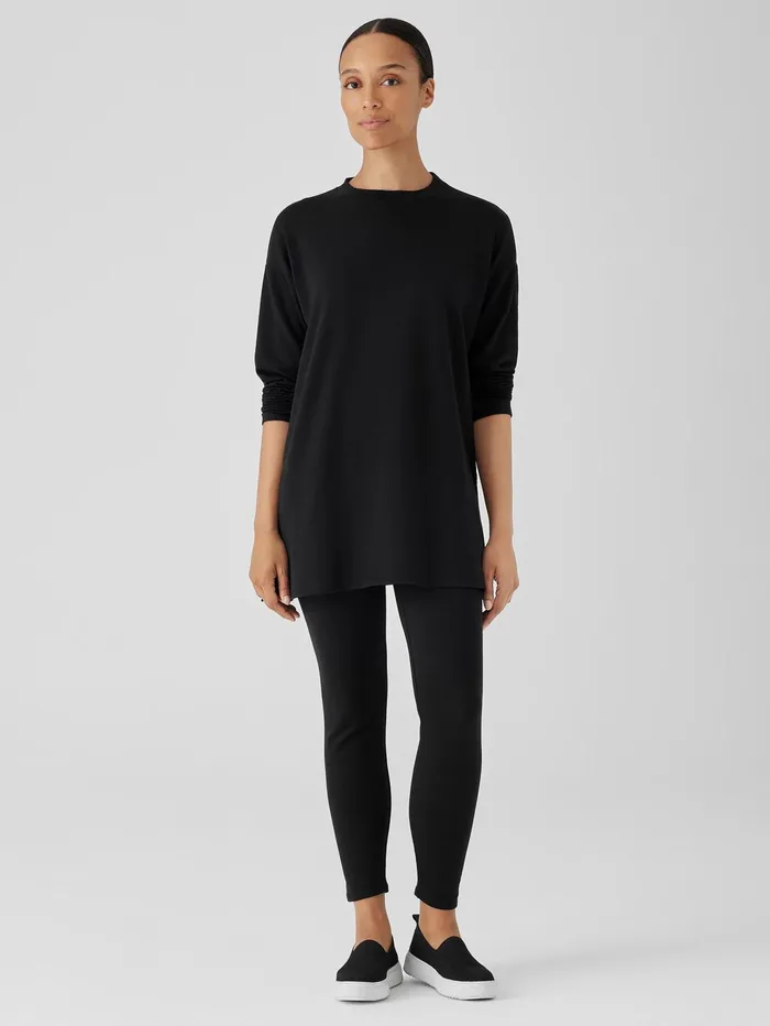 Women Eileen Fisher Tops and Tees Cozy Brushed Terry Hug Crew Neck Long Top Black