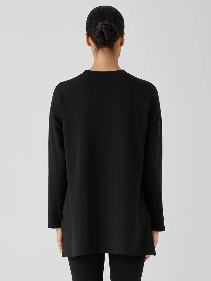 Women Eileen Fisher Tops and Tees Cozy Brushed Terry Hug Crew Neck Long Top Black