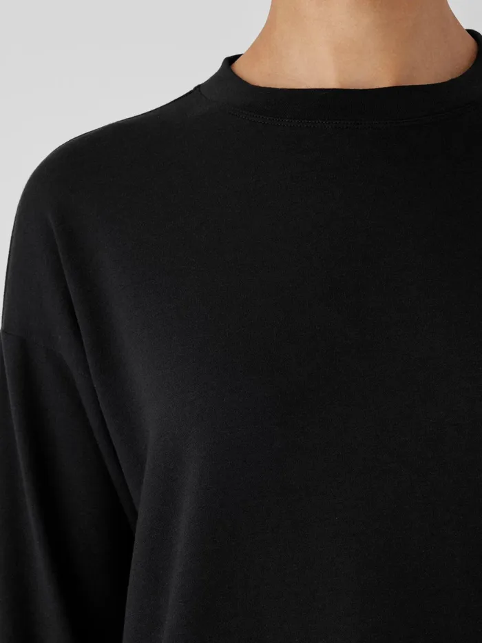 Women Eileen Fisher Tops and Tees Cozy Brushed Terry Hug Crew Neck Long Top Black