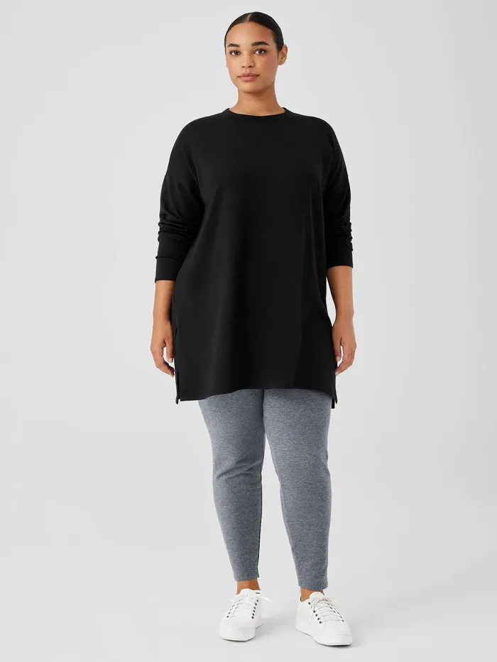 Women Eileen Fisher Tops and Tees Cozy Brushed Terry Hug Crew Neck Long Top Black
