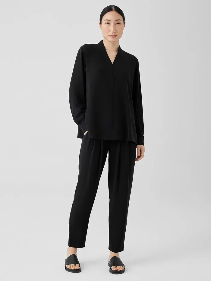 Women Eileen Fisher Tops and Tees Silk Georgette Crepe VNeck Top Black