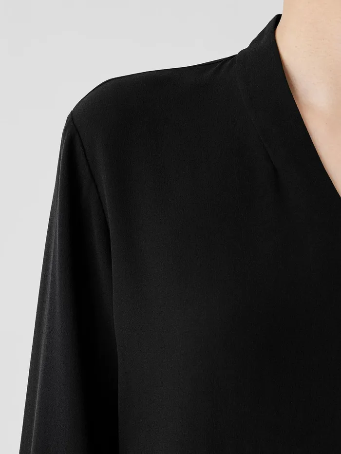 Women Eileen Fisher Tops and Tees Silk Georgette Crepe VNeck Top Black
