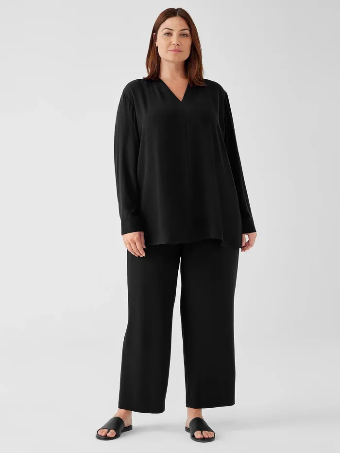 Women Eileen Fisher Tops and Tees Silk Georgette Crepe VNeck Top Black