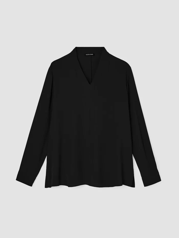Women Eileen Fisher Tops and Tees Silk Georgette Crepe VNeck Top Black