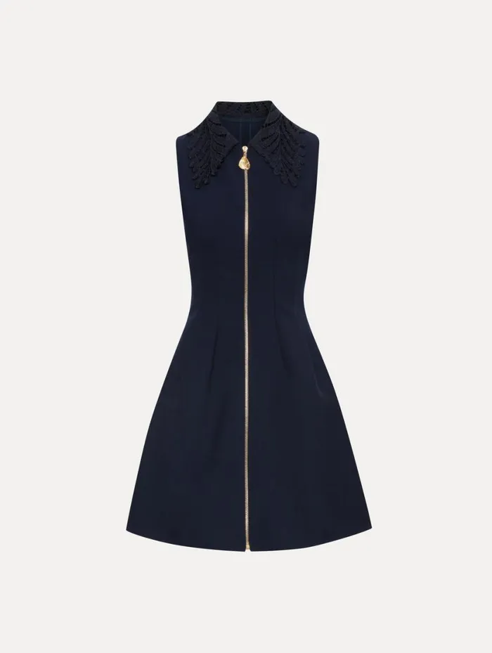 Women Fern Collar ZipFront Dress Navy Oscar De La Renta Dresses