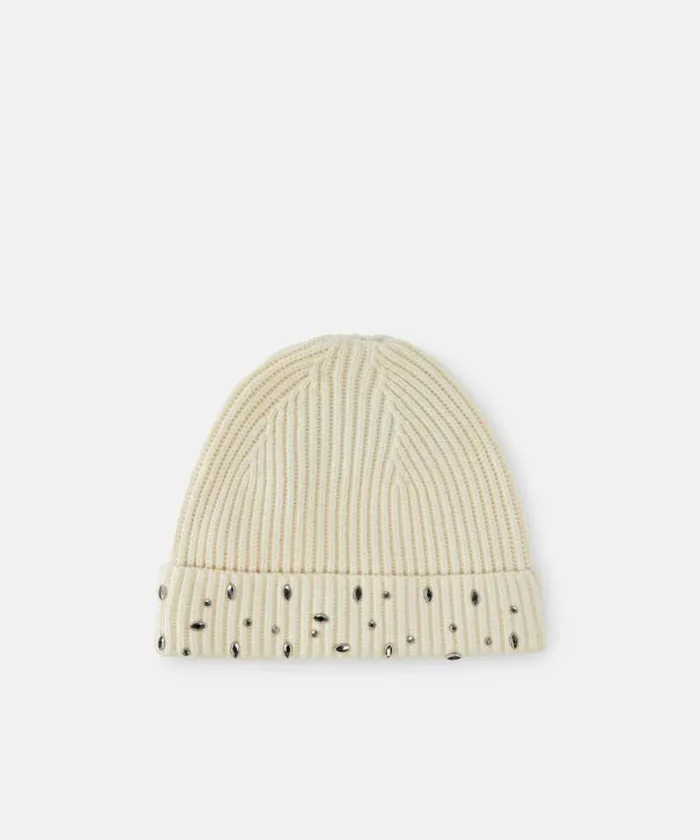 Women Hats Pinko Ribbed Beanie With Crystals Meringue White Women Hats Pinko Ribbed Beanie With Crystals Meringue White