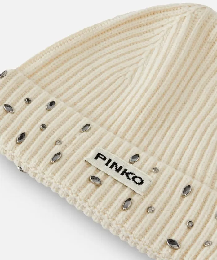 Women Hats Pinko Ribbed Beanie With Crystals Meringue White Women Hats Pinko Ribbed Beanie With Crystals Meringue White
