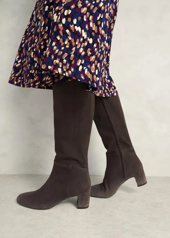 Women HOBBS Boots Caroline Suede Knee Boots Chocolate Brown