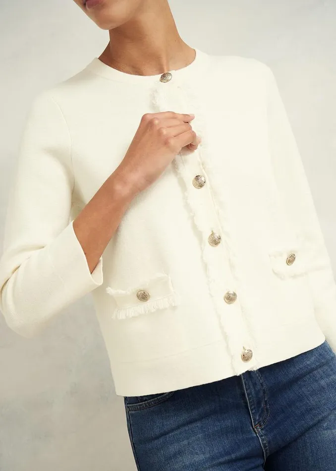 Women HOBBS Coats and Jackets Sairey Cotton Wool Knitted Jacket Warm Ivory