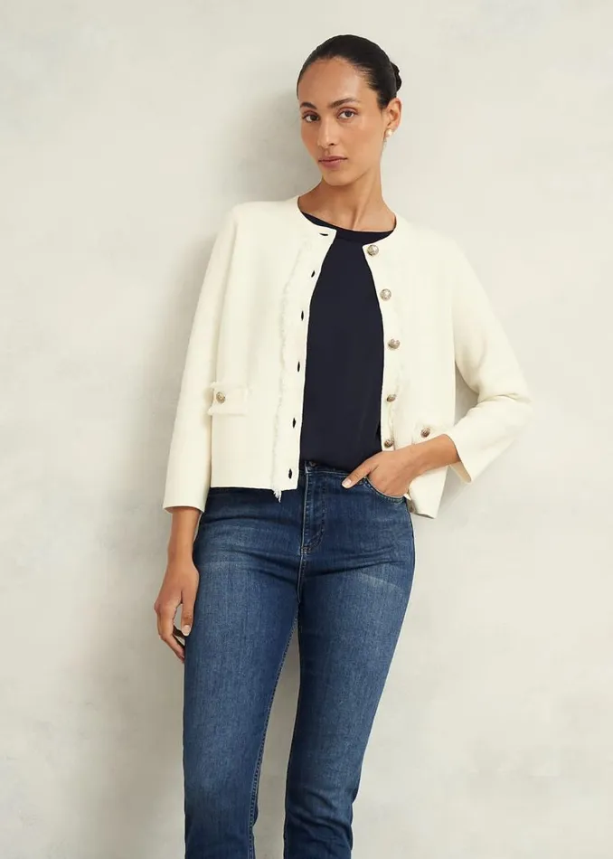 Women HOBBS Coats and Jackets Sairey Cotton Wool Knitted Jacket Warm Ivory