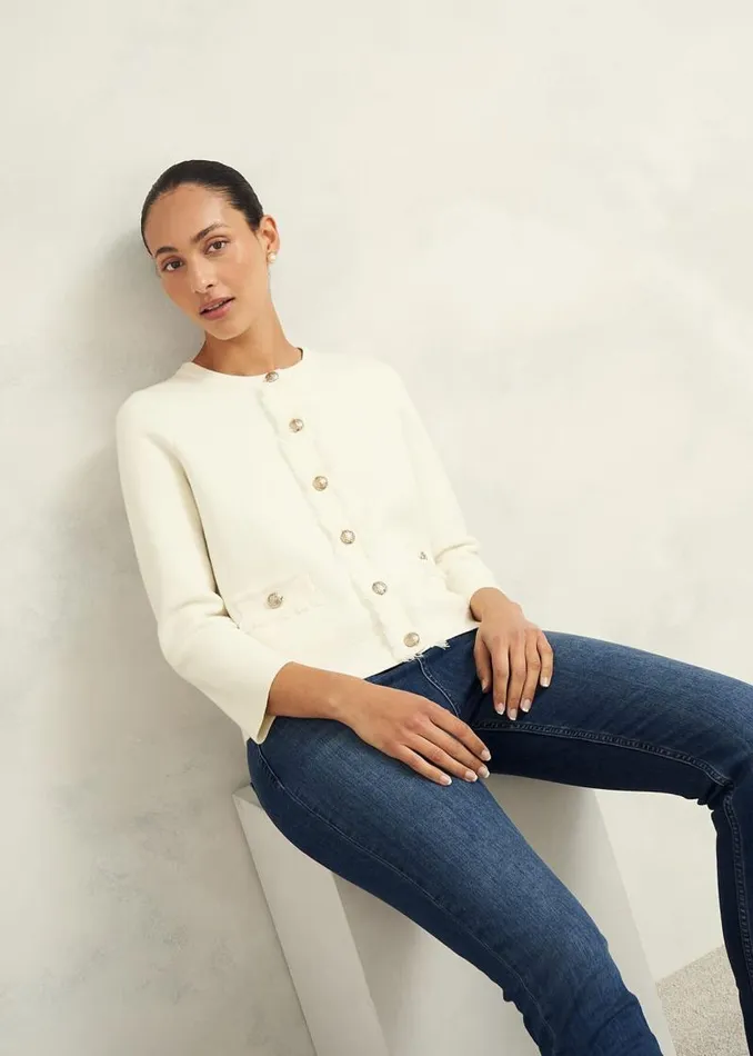 Women HOBBS Coats and Jackets Sairey Cotton Wool Knitted Jacket Warm Ivory
