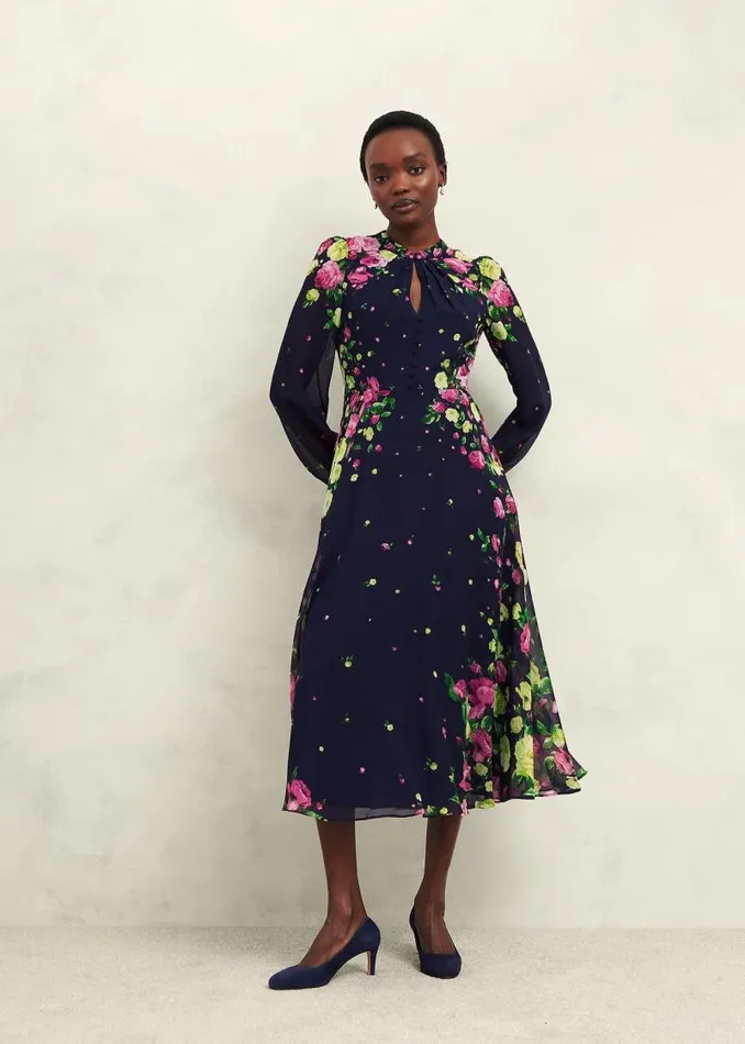 Women HOBBS Dresses and Jumpsuits Petite Eva Floral Silk Dress Navy Multi
