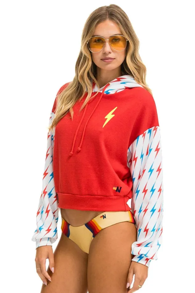 Women Hoodies Aviator Nation Aviator Bolt Color Block W Bolt Embroidery Relaxed Cropped Pullover Hoodie 8211 Red Usa