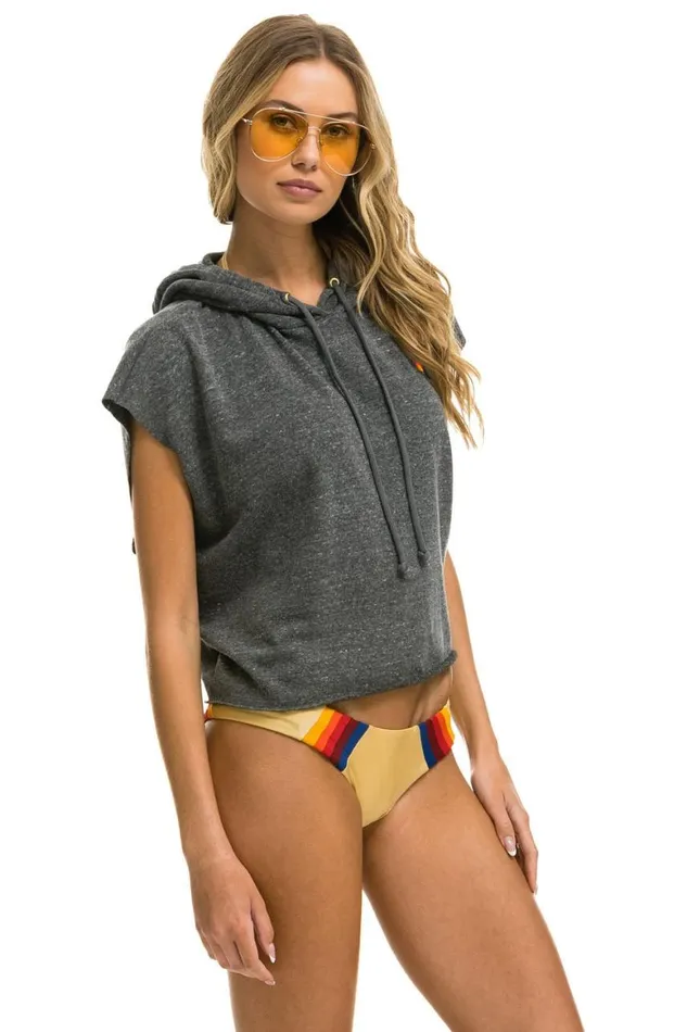 Women Hoodies Aviator Nation Logo Embroidery Sleeveless Relaxed Cropped Pullover Hoodie 8211 Heather Grey