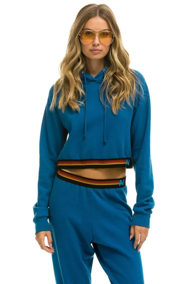 Women Hoodies Aviator Nation Logo Stripe Crop Pullover Hoodie 8211 Caribbean
