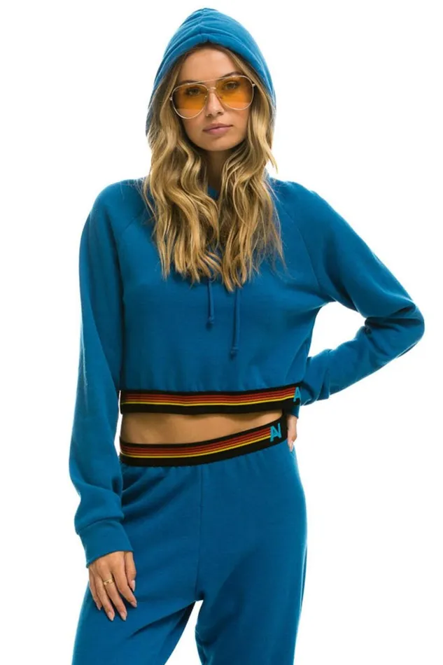 Women Hoodies Aviator Nation Logo Stripe Crop Pullover Hoodie 8211 Caribbean