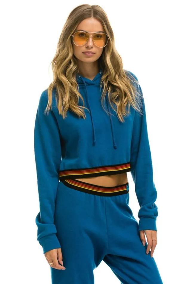 Women Hoodies Aviator Nation Logo Stripe Crop Pullover Hoodie 8211 Caribbean